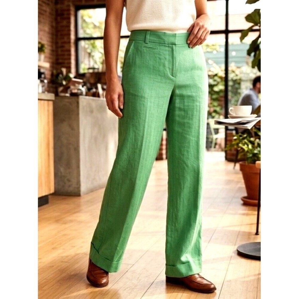 J.Crew Café Trouser Green Wide Leg Linen Pants  Size 4 Petite Herringbone
